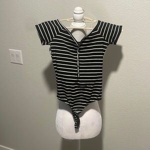 Active USA black white horizontal striped bodysuit